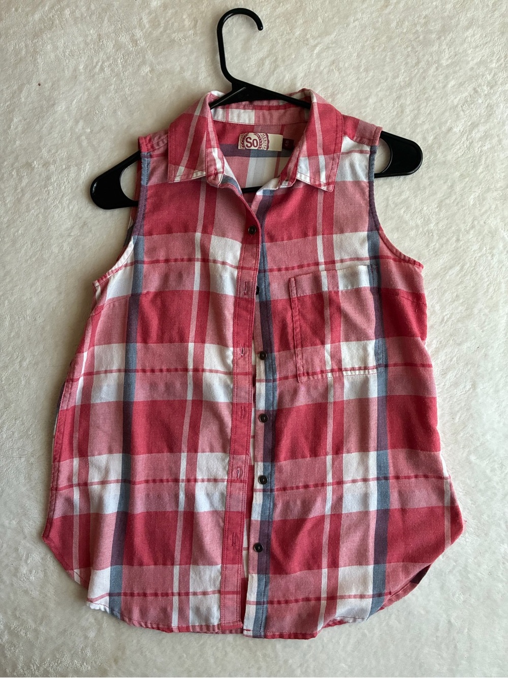 SO Pink White and Light Blue Plaid Sleeveless Button-Up Shirt